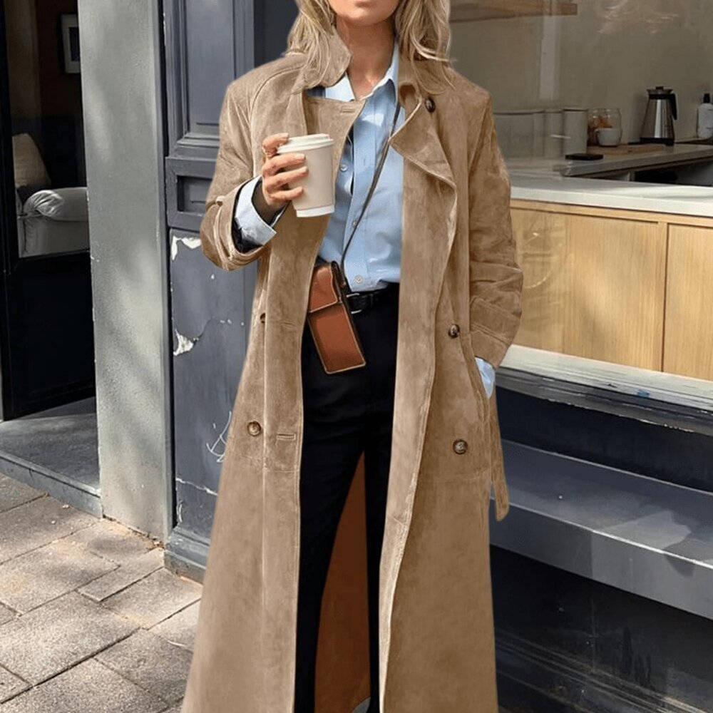 Khaki Elegant Women's Long Faux Suede Double Breasted Trench Coat with Belt - Picture 3 of 6